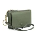 Olive green pebbled leather coin purse with wrist strap and gold keychain ring - Grass Green