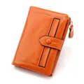 Short vintage bright orange oil wax cowhide leather wallet with bifold snap closure - Orange