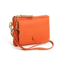 Orange lychee pattern genuine leather coin purse with zipper and wrist strap - Orange
