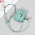 Mint green lychee grain leather mini crossbody coin purse with zipper and silver hook - Limpet Shell Blue