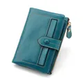 Vintage teal oil wax leather wallet for women with U-shaped stitching and gold zipper - Indigo