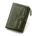 Dark green oil wax leather wallet for women with contrast stitching and zipper pocket - Bean Green