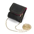 Mini black genuine leather coin purse with rainbow stitching and pink interior - Black
