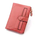Compact red oil wax leather wallet for women with snap closure and gold zipper detail - Pink