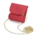 Magenta genuine leather coin purse with colorful stitching and gold chain strap - Red
