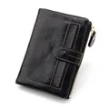 Black oil wax leather wallet with yellow contrast stitching and gold zipper detail - Black