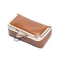 Mini brown oil wax leather clasp pouch for jewelry and lipstick with gold metal frame - Brown