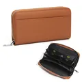 Portefeuille long en cuir marron grainé avec compartiments pour pièces - Marron