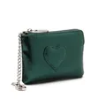 Mini portefeuille en cuir ciré vert foncé avec couture cœur et porte-clés argent - Vert Émeraude