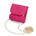 Mini magenta genuine leather coin purse with yellow stitching and gold chain strap - Rose Red