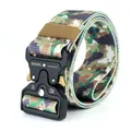 Close-up of quick-release metal buckle with 12kN/24kN load capacity on camo tactical belt - 125cm / CP Camouflage