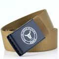 Ceinture tactique en nylon marron avec boucle noire mate et texte de marque blanc - 120cm / Brun coyote