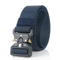 Close-up of navy blue nylon tactical belt with black heavy duty quick release metal buckle - Sapphire Blue