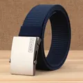 Thickened navy blue nylon woven belt with matte silver automatic buckle for casual wear - Sapphire Blue