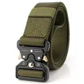 Close-up of military green tactical nylon belt with black heavy-duty 24KN metal buckle - Army Green