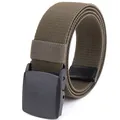 Army green woven nylon stretch belt for men featuring a matte black flat buckle - 120cm / Army Green