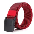 Close-up of red and black striped canvas belt with durable matte black plastic YKK buckle - Black and Red