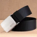Men's tactical outdoor belt with black nylon webbing and silver metal buckle - 120 / Black