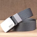 Grey tactical nylon belt with silver metal buckle on rustic wooden background - 120 / Dark Gray