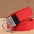 Bright red woven canvas belt with a matte silver double ring buckle for men - 115cm / Red