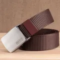 Tactical brown nylon woven belt for men with a brushed silver metal sliding buckle - 120 / Brown