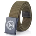 Olivgrüner Nylon-Segeltuchgürtel mit matter blauer Schnalle und Lederverstärkung - 115cm / Armeegrün
