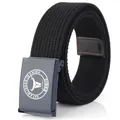 Schwarzer Nylon-Stoffgürtel mit blauer Metallschnalle und orangefarbenen Nähten - 115cm / Schwarz