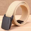 Detailed view of khaki canvas woven belt with matte black metal buckle and leather tip - Khaki