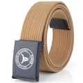 Khaki Nylon-Canvas Taktischer Gürtel mit matter dunkelblauer Metallschnalle und Logo - 115cm / Dunkelbeige