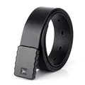 Tactical black leather belt with square metal buckle featuring an ox head logo - 110 / Black