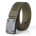 Olive green tactical nylon belt with matte black buckle and white stitching details - M / Army Green