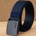 Men's navy blue nylon canvas belt with black geometric pattern and matte metal buckle - 120cm / Sapphire Blue