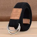 Ceinture classique en toile noire pour hommes avec boucle à double anneau en D argentée - Noir