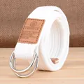 Ceinture homme en toile tressée blanche avec bout en similicuir brun et boucle double anneau D - Blanc