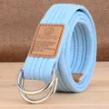 Ceinture en toile bleu ciel pour hommes avec boucle double anneau en D et cuir brun - Bleu ciel
