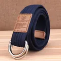 Ceinture en toile bleu foncé pour hommes avec boucle à double anneau en D et étiquette cuir - Bleu Royal