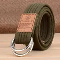 Ceinture en toile tressée vert olive avec boucle double D et détail en cuir - Vert Militaire