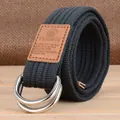 Ceinture en toile bleu foncé unisexe avec boucle double anneau en D et bout en cuir - Gris clair