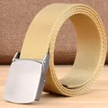 Khaki nylon canvas tactische riem met mat zilveren zinklegering gesp voor heren - 120cm / Gladde Gesp - Effen Patroon - Wolfbruin