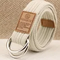 Ceinture en toile beige unisexe avec boucle double anneau en D argentée et écusson cuir - Blanc Cassé