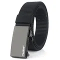 Close-up of black nylon belt with premium metal buckle and textured woven strap - Standard Length / Black