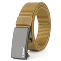 Close-up of khaki nylon belt featuring a black alloy automatic buckle and weave texture - Standard Length / Coyote Brown