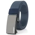 Macro view of blue nylon woven belt material and black metal automatic buckle detail - Standard Length / Sapphire Blue