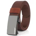 Macro shot of dark brown woven nylon belt with black automatic metal buckle and logo - Standard Length / Brown