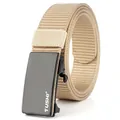 Close-up of khaki nylon belt strap texture and black metal automatic buckle with logo - Standard Length / Khaki