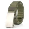 Detailed close-up of military green nylon tactical belt with matte metal buckle and logo - Standard Length / Silver Buckle Army Green