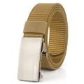 Detail of khaki tactical nylon belt with brushed silver metal automatic buckle and logo - Standard Length / Silver Buckle Coyote Brown