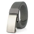 Detailed macro shot of grey nylon belt with a brushed metal automatic buckle and logo - Standard Length / Silver Buckle Dark Gray