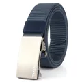 Detail of navy blue nylon woven belt with brushed metal automatic buckle and logo - Standard Length / Silver Buckle Royal Blue