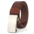 Detail of men's nylon belt with brushed metal automatic buckle and woven texture - Standard Length / Silver Buckle Coffee